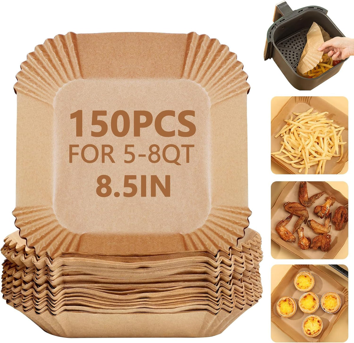 150 Pack 8.5 Inch Air Fryer Liners, Parchment Paper Sheets for Air Fryer Basket, Non-Stick, Disposable, Unbleached, Heat Resistant, Fits 5-8QT Air Fryers, Oil-Free & Healthy Cooking(Bottom size: 7in)