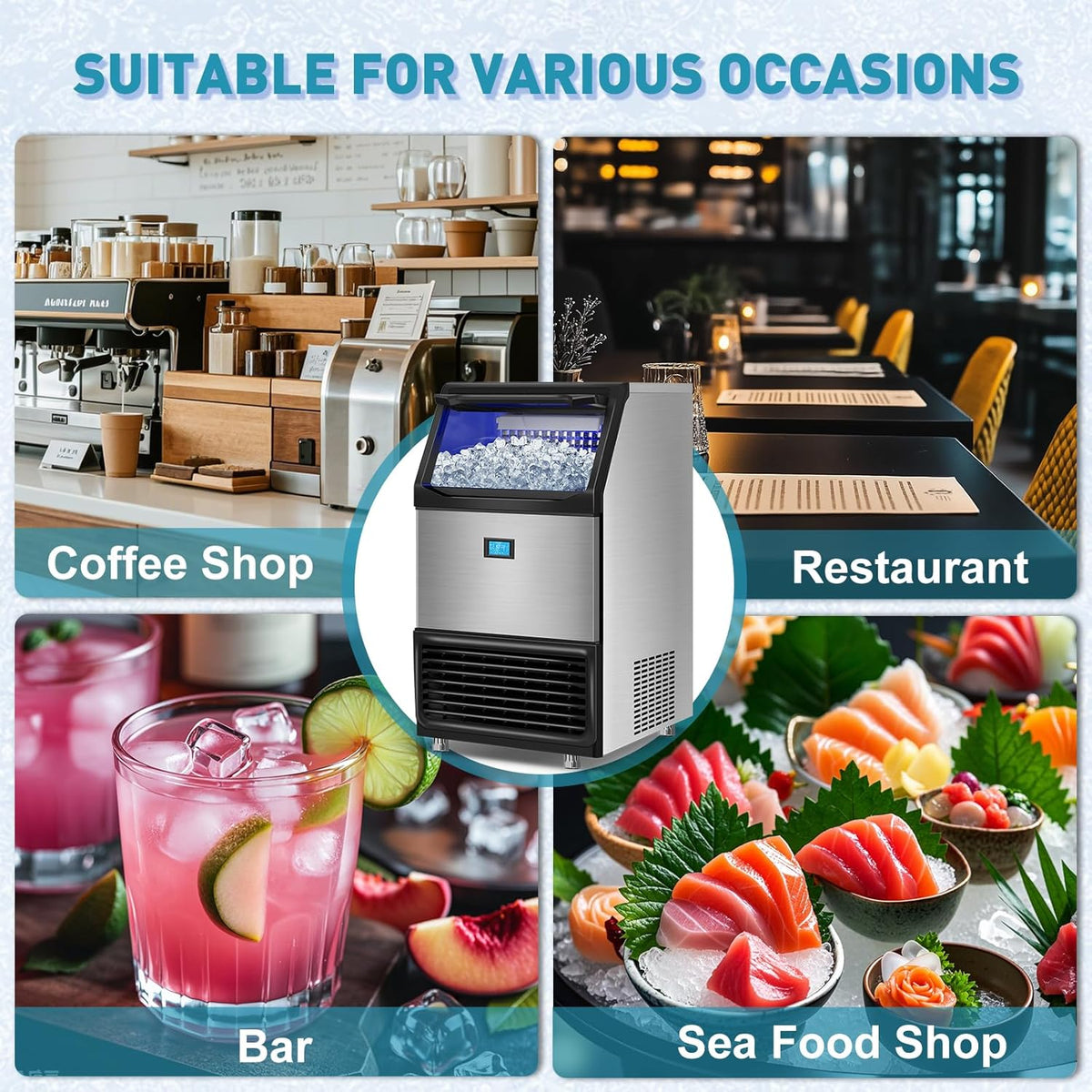 Commercial Ice Maker Machine 550LBS/24H with 185LBS Large Ice Storage Bin, 162Pcs Clear Ice Cubes in 11Mins, Stainless Steel Under Counter Industrial Ice Machine for Bar, Restaurant Business