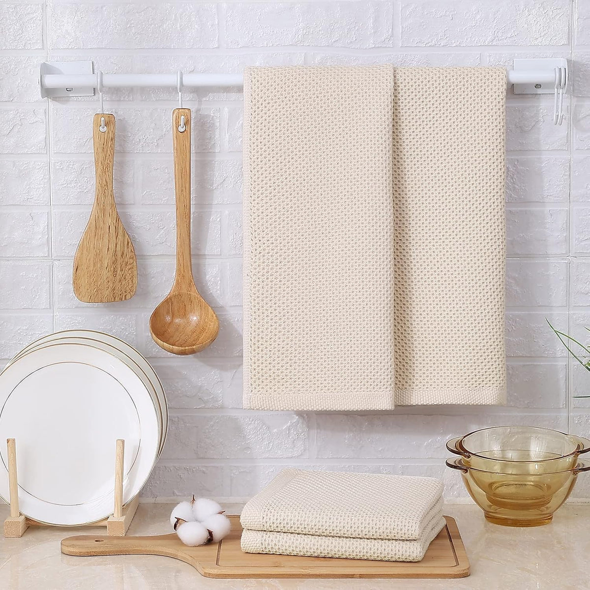 Kitinjoy 100% Cotton Waffle Weave Kitchen Towels, 12-Pack Super Soft and Absorbent Dish Towels for Drying Dishes, Kitchen Hand Towels, 13 in x 28 in, Beige