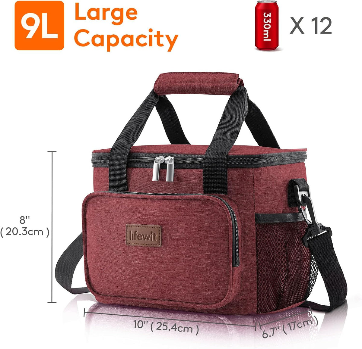 Lifewit Medium Lunch Bag Insulated Lunch Box Soft Cooler Cooling Tote for Adult Men Women, Burgundy 12-Can (9L)