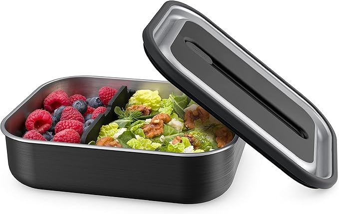 Bentgo MicroSteel Leak-Proof Lunch Box - Microwave-Safe, Oven-Safe, Bento-Style Container with Removable Divider, Airtight Lid, Sustainable Design, Odor & Stain Resistant (Carbon Black)