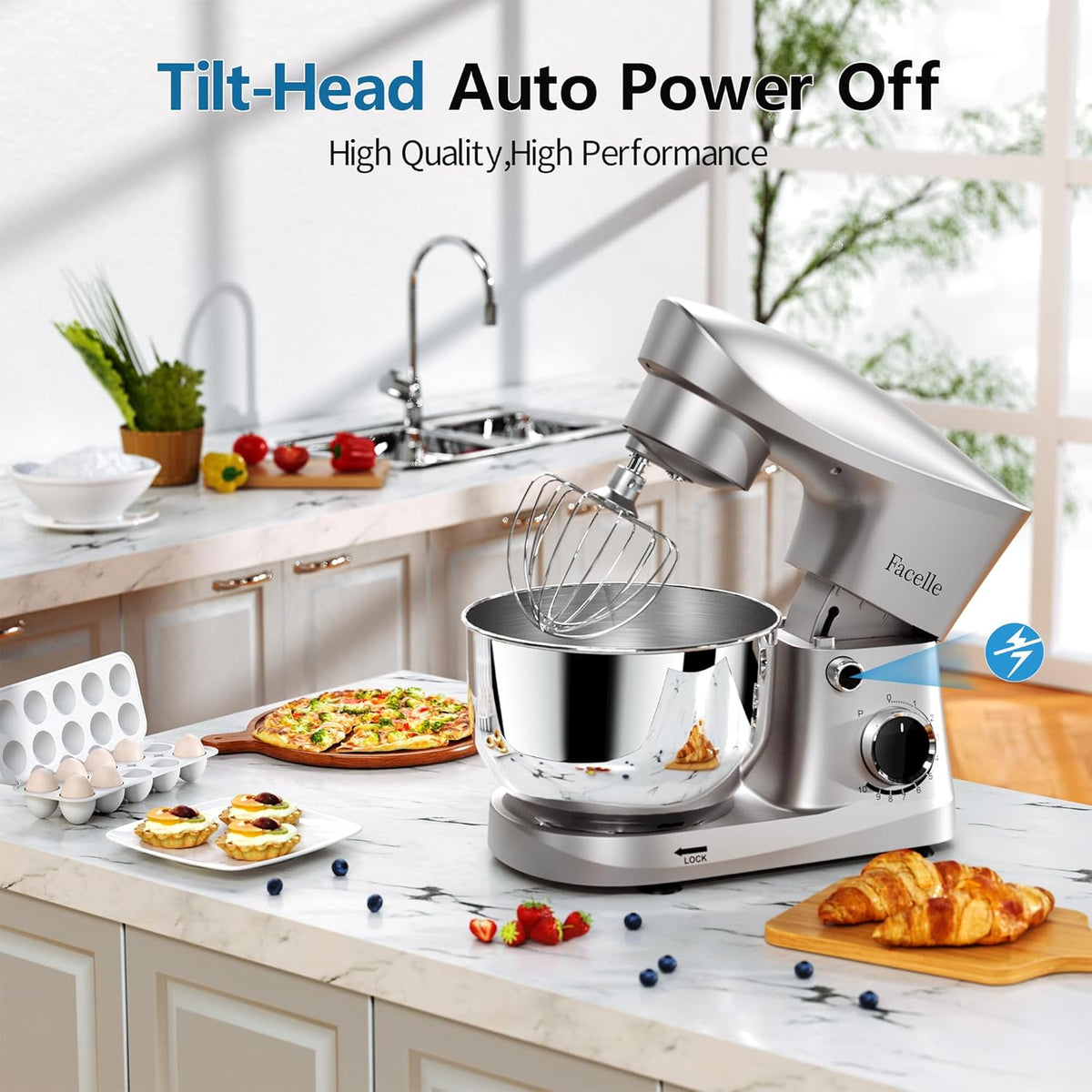 Facelle Stand Mixer, 10-Speed 6QT Kitchen Electric Mixer, Tilt-Head Food Mixer with Beater, Dough Hook, Wire Whip and Egg Separator, scraper for Most Home Cooks - Silver