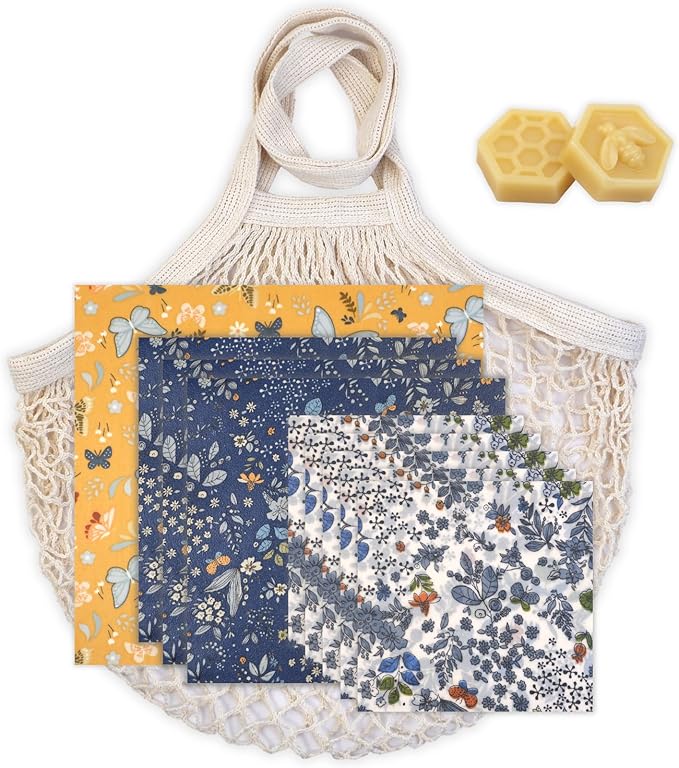 Reusable Beeswax Wrap - 9 Pack Beeswax Wraps for Food, Eco-Friendly Beeswax Food Wraps, with Mesh Grocery Bag & 2 Beeswax Bars, Reusable Food Storage Wrap Set, Sustainable Gifts