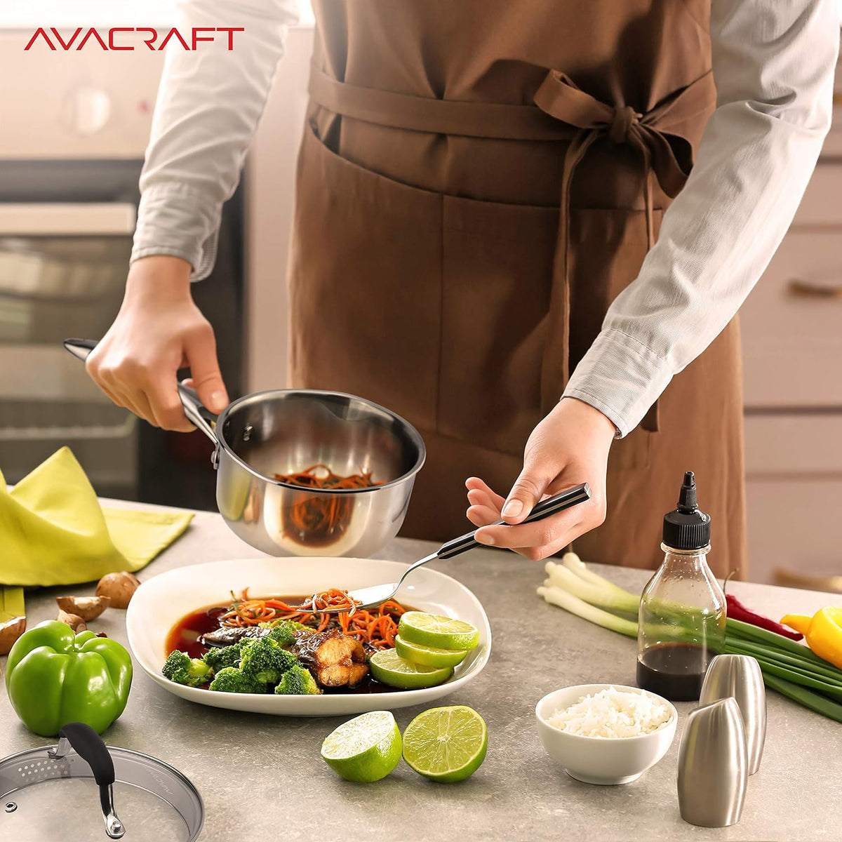 AVACRAFT Tri-Ply Stainless Steel Saucepan with Glass Strainer Lid, Two Side Spouts, Ergonomic Handle, Multipurpose Sauce Pan with Lid, Sauce Pot, Cooking Pot (Tri-Ply Full Body, 1.5 Quart)