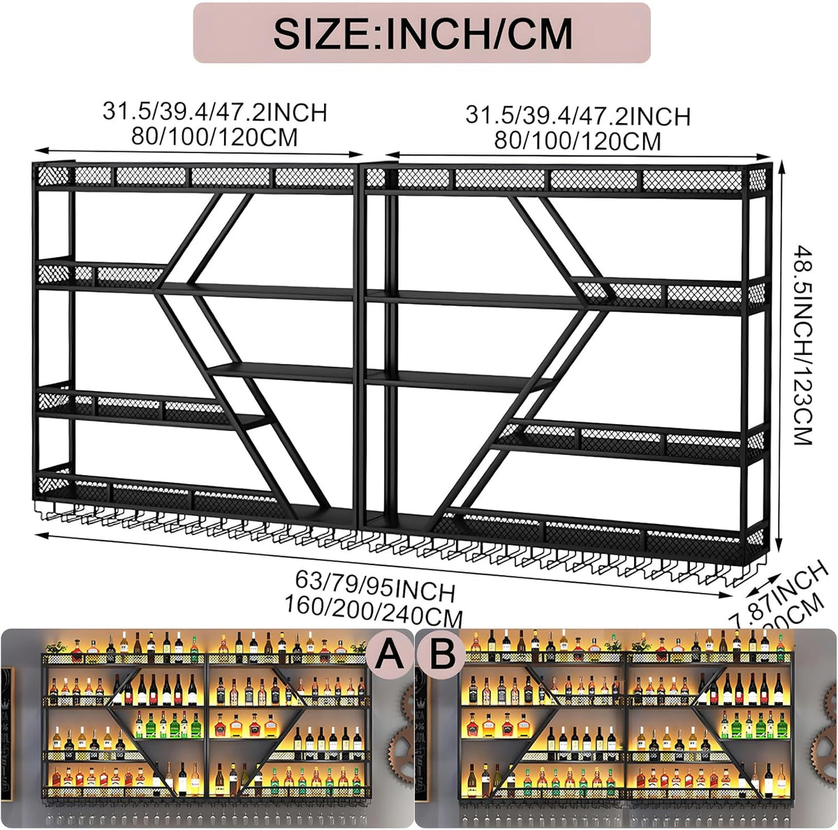 79in Metal Wine Rack Wall Mounted, Modern Wine Storage Rack Wall Mounted with Wine Glass Holder, Liquor Shelf, Bar Shelves for Liquor Bottles (4 Tiers Gold, 79 * 7.87 * 48.5INCH)