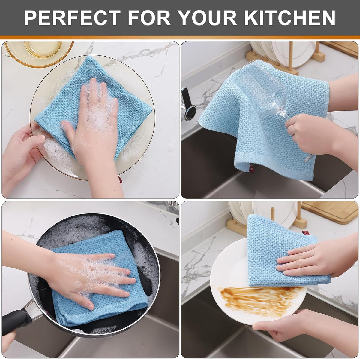 Kitinjoy 100% Cotton Kitchen Dish Cloths (12 X 12 Inches, Sky Blue),8 Pack Waffle Weave Ultra Soft Absorbent Dish Towels for Drying Dishes Quick Drying Kitchen Towels Dish Rags