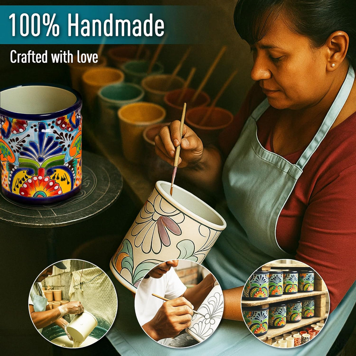 Utensil Holder For Counter, Large Utensil Crock, Talavera Mexican Pottery, Mexican Kitchen Decor, Drawer Organizer, Spoon Holder, Ceramic Mexico Decor for Home Spatula Holder Mexican Vase, Bohemian