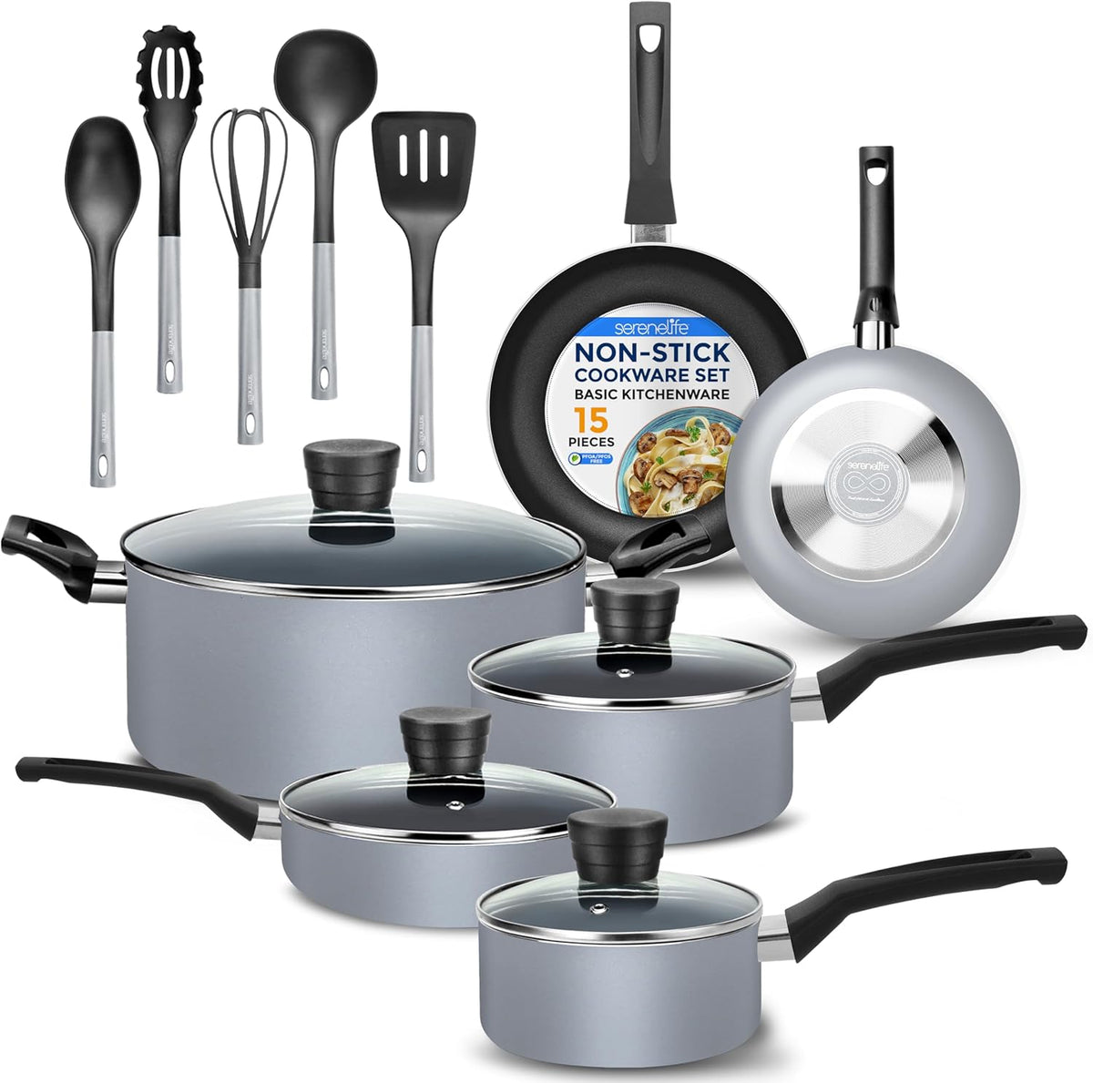 SereneLife Kitchenware Pots & Pans Basic Kitchen Cookware, Black Non-Stick Coating Inside, Heat Resistang Lacquer (11 Piece set), One Size, Gray