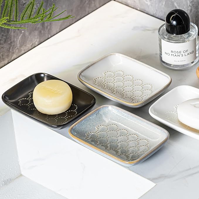 Gomakren Soap Dish for Shower, Ceramic Soap Dishes for Bar Soap Sponge, Shower Soap Holder Saver Tray for Bathroom Kitchen Sink, Easy to Clean, Gray
