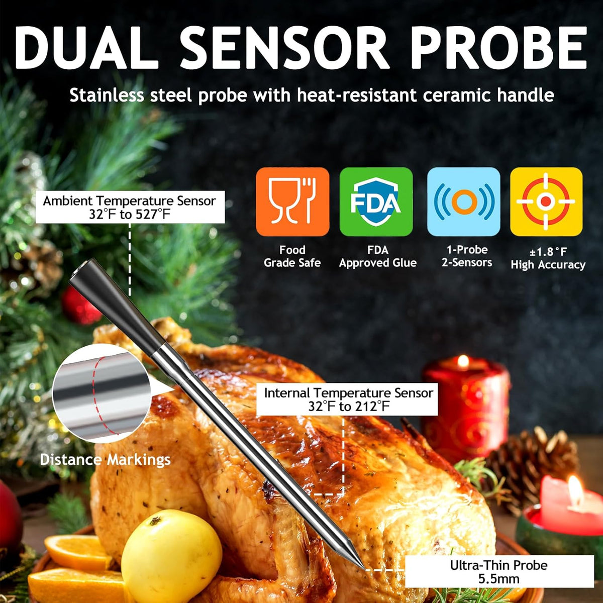 Meat Thermometer Digital Wireless with 800ft Range, Bluetooth 5.3 Food Thermometer with Dual-Temperature Probe, LCD Display and App&Case Setting for Grilling Smoking Cooking