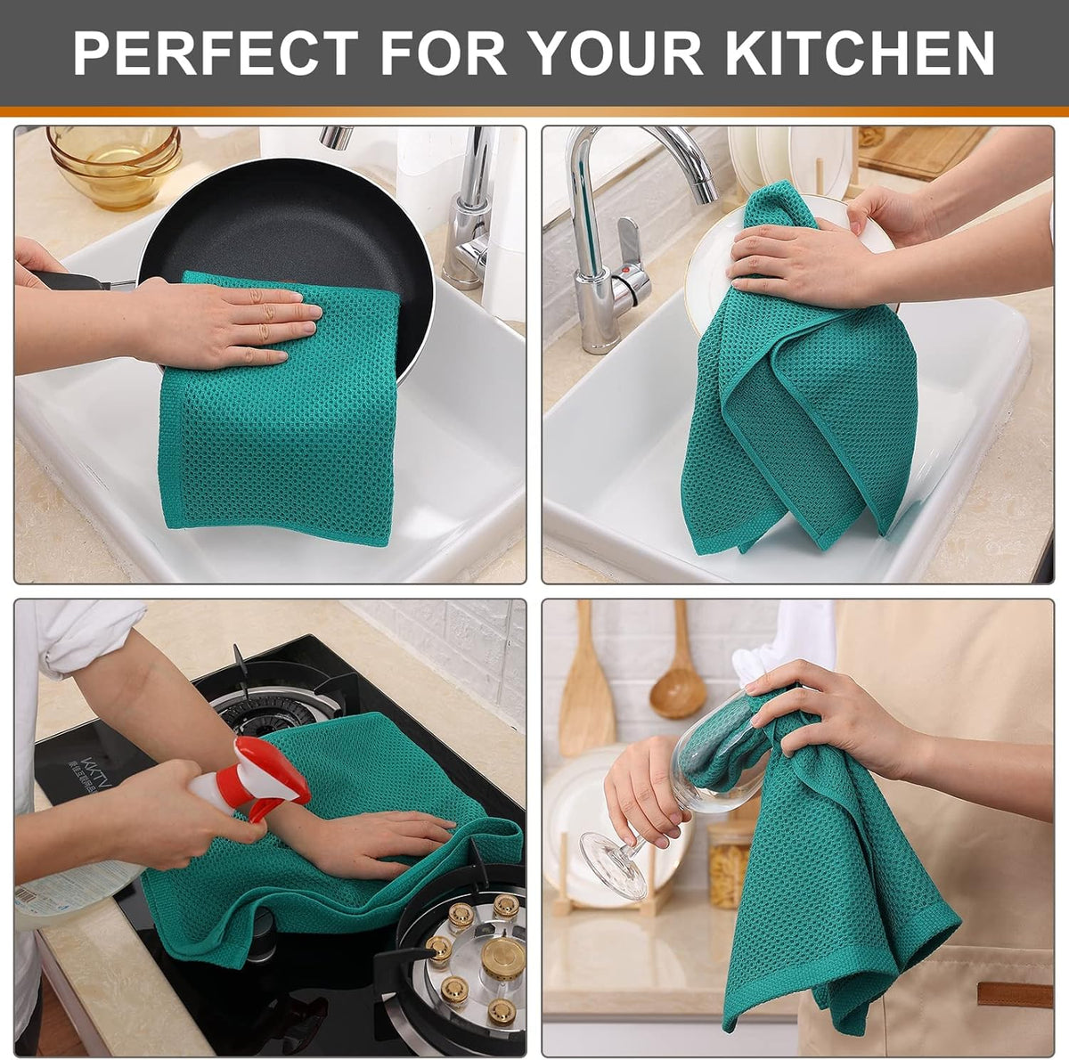 Kitinjoy 100% Cotton Waffle Weave Kitchen Towels, 6-Pack Super Soft and Absorbent Dish Towels for Drying Dishes, Kitchen Hand Towels, 13 in x 28 in, Teal
