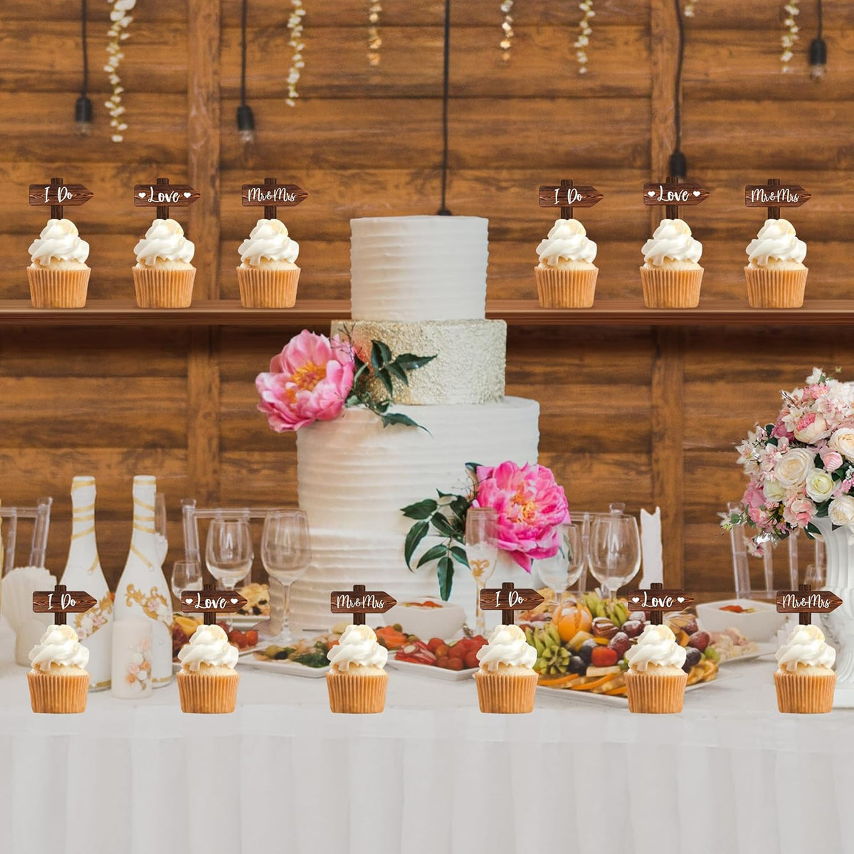 36 PCS Wedding Cupcake Toppers in Wood Rustic Wedding Cake Decoration