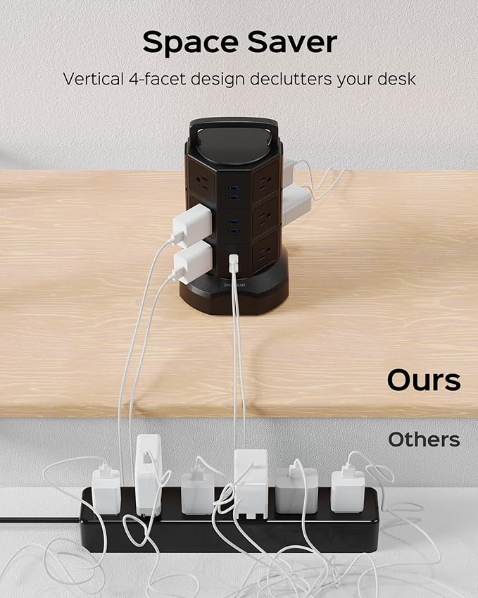 Power Strip Tower Surge Protector, JACKYLED 1625W 13A Outlet Surge Electric Tower, 12 Outlets 6 USB Ports Charging Station with 16AWG 6.5ft Heavy Duty Extension Cord for Home Office Dorm Black