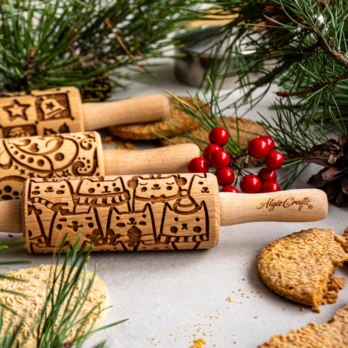 CHRISTMAS FEST 3 Mini Embossed Rolling Pin Set. Wooden Laser Engraved Textured rolling pins for Cookies, Modeline, Ceramic with Skulls, Bats, Halloween by Algis Crafts