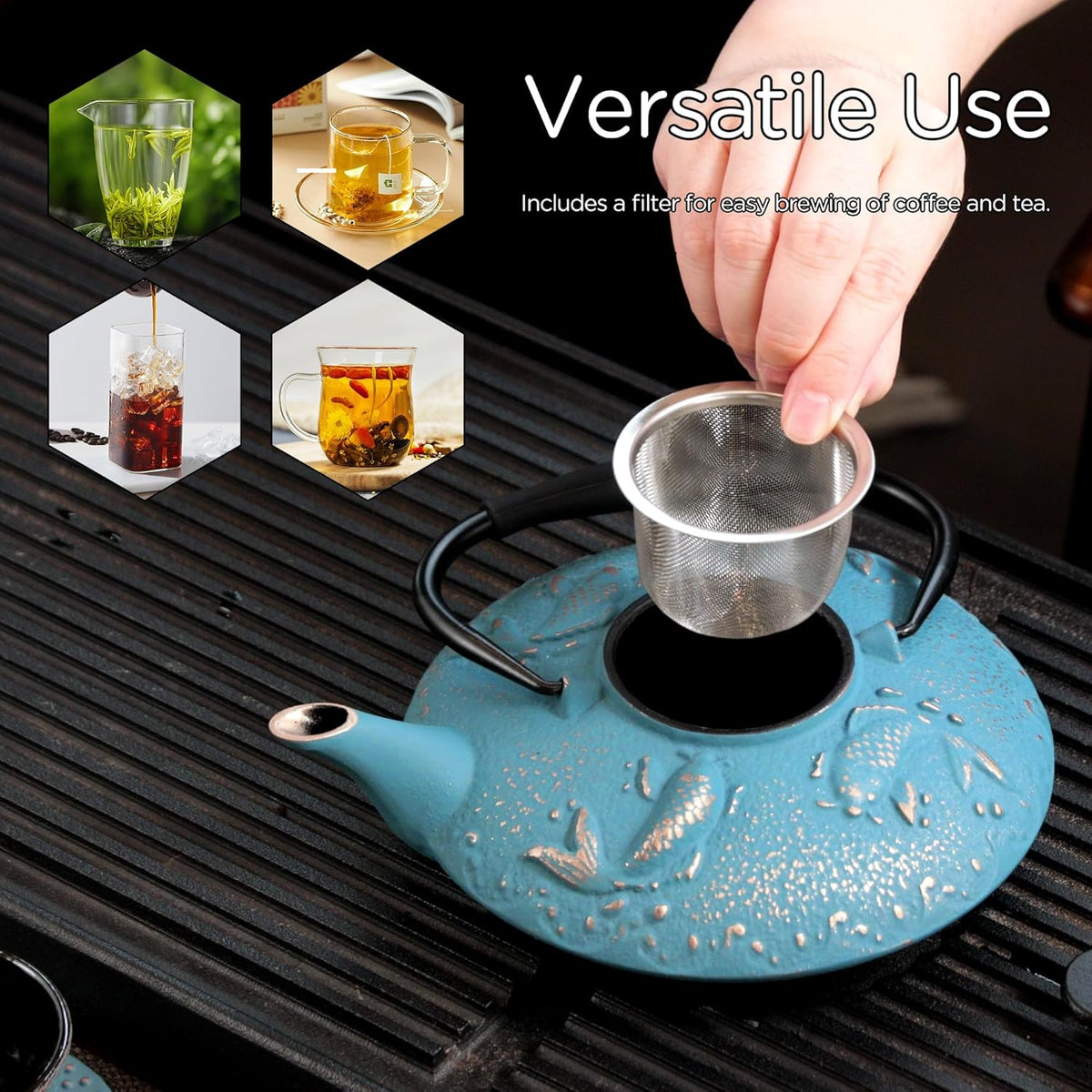 Cast Iron Teapot Set with 2 Tea Cups, Japanese Tea Kettle with Stainless Steel Infuser, Tea Pot Coated with Enameled Interior, Fish Pattern, 27oz 780ml Sky Blue