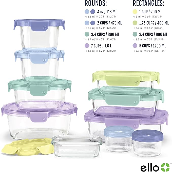 Ello Color Lock 20PC Mixed Glass Food Storage Sets, Leak-Proof Glass Food Storage Containers with Airtight BPA-Free Plastic Lids, Dishwasher, Microwave, and Freezer Safe, Purple Rain