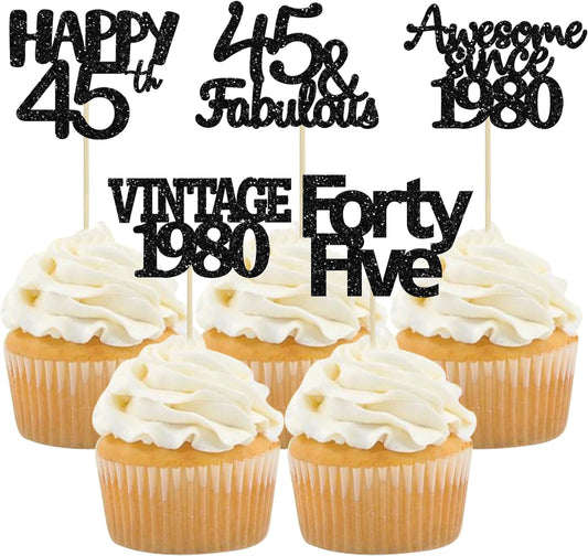 Gyufise 30 Pack Black Glitter 45th Birthday Cupcake Toppers Vintage 1980 Awesome Since 1980 45 Fabulous Cupcake Picks 45th Birthday Wedding Anniversary Party Cake Decorations Supplies