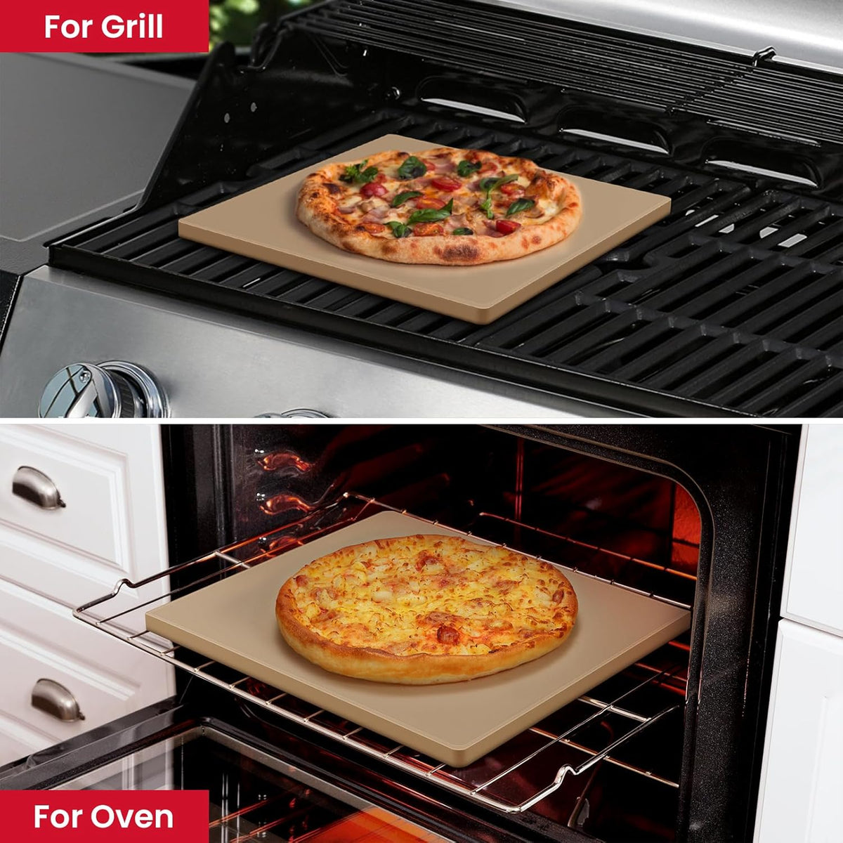 Unicook Pizza Stone for Oven and BBQ Grill, 12 x 11 Inch Rectangular Oven Grill Pizza Stone, Cordierite Baking Pan for Crispy Crusts, Thermal Shock Resistant, Including Dough Scraper
