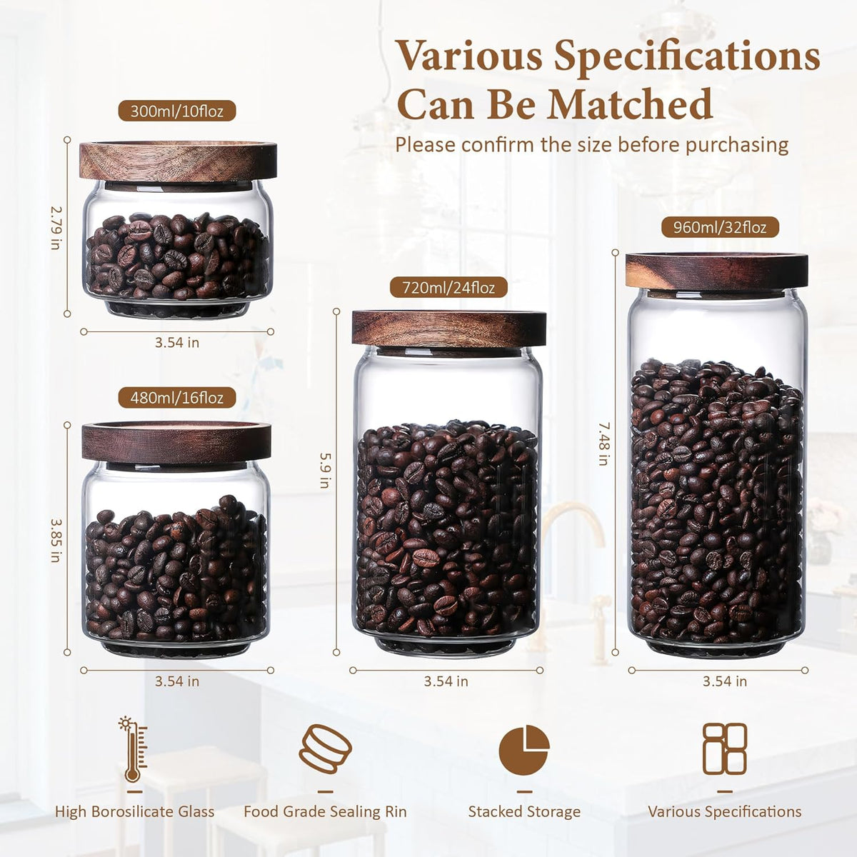 480ML/16Oz Clear Cute Glass Storage Canister Holder with Stackable Airtight Wood Lid, Modern Decorative Small Container Jar for Coffee, Spice, Candy, Salt, Cookie, Condiment, Pepper, Sugar