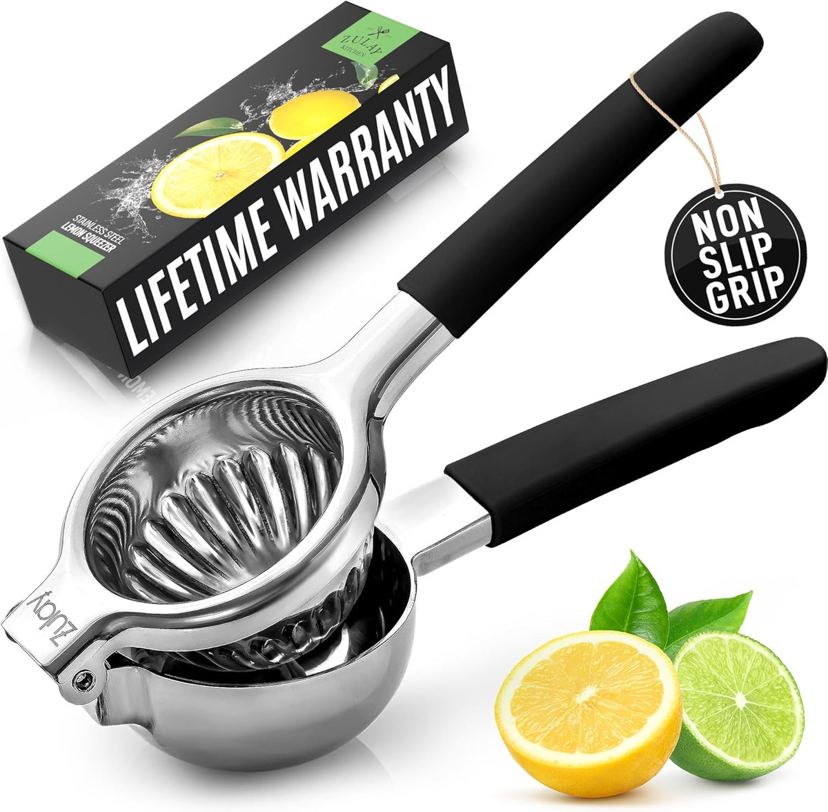 Zulay Lemon Squeezer Stainless Steel with Premium Heavy Duty Solid Metal Squeezer Bowl (Black Grip, Large)
