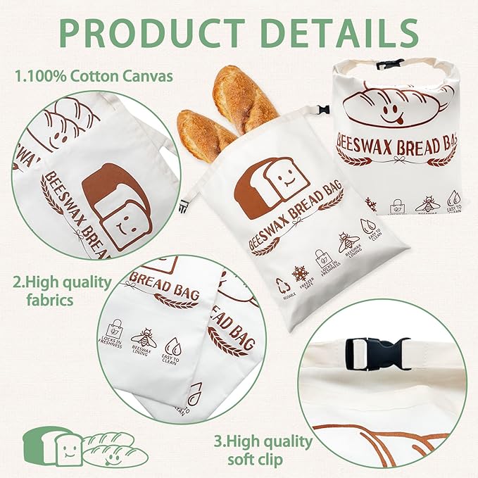 Beeswax Bead Bags, 2 Pack XL Reusable Bread Bags for Homemade Bread, Cute Design Linen Food Storage for Sourdough Homemade Loaf