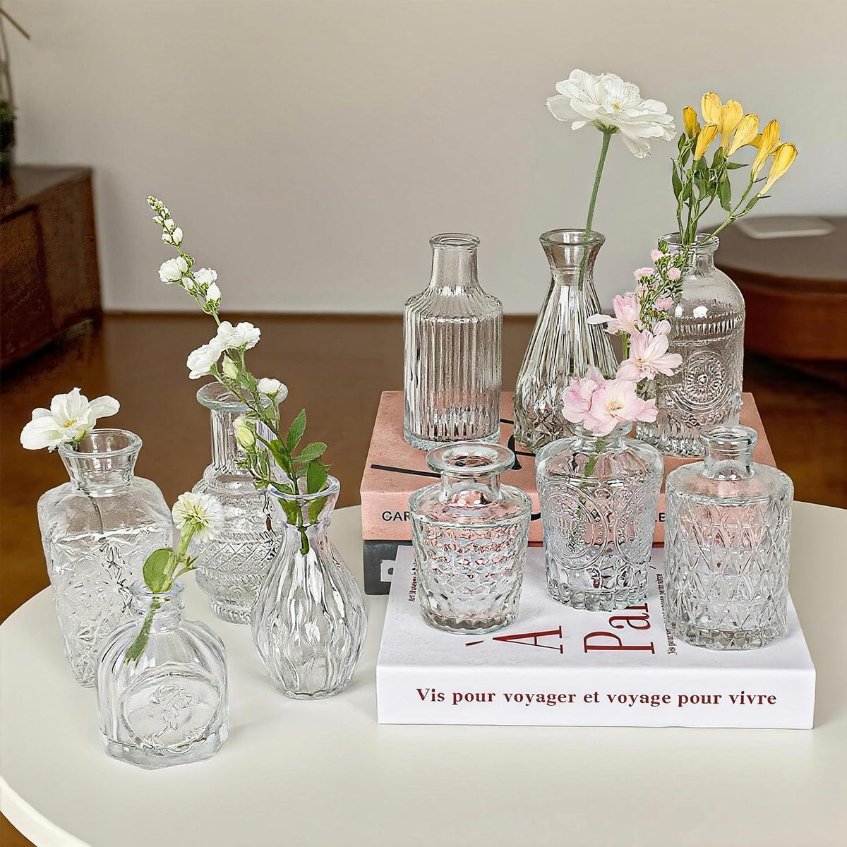 Glass Bud Vase Set of 10 Pcs Small Minimalist Vases for Flowers, Vintage Rustic Home Decor for Table Centerpiece Wedding Party, Modern Clear Aromatherapy Bottle for Living Room Bedroom