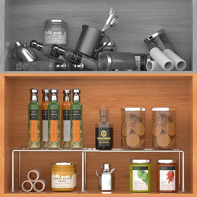 Redrubbit Cabinet Storage Shelf Rack, Expandable Metal Rustproof Kitchen Counter and Cabinet Shelf, Storage Rack Organizer Space Saver for Kitchen, Fridge, Cabinet, Bathroom, Chrome, Set of 4