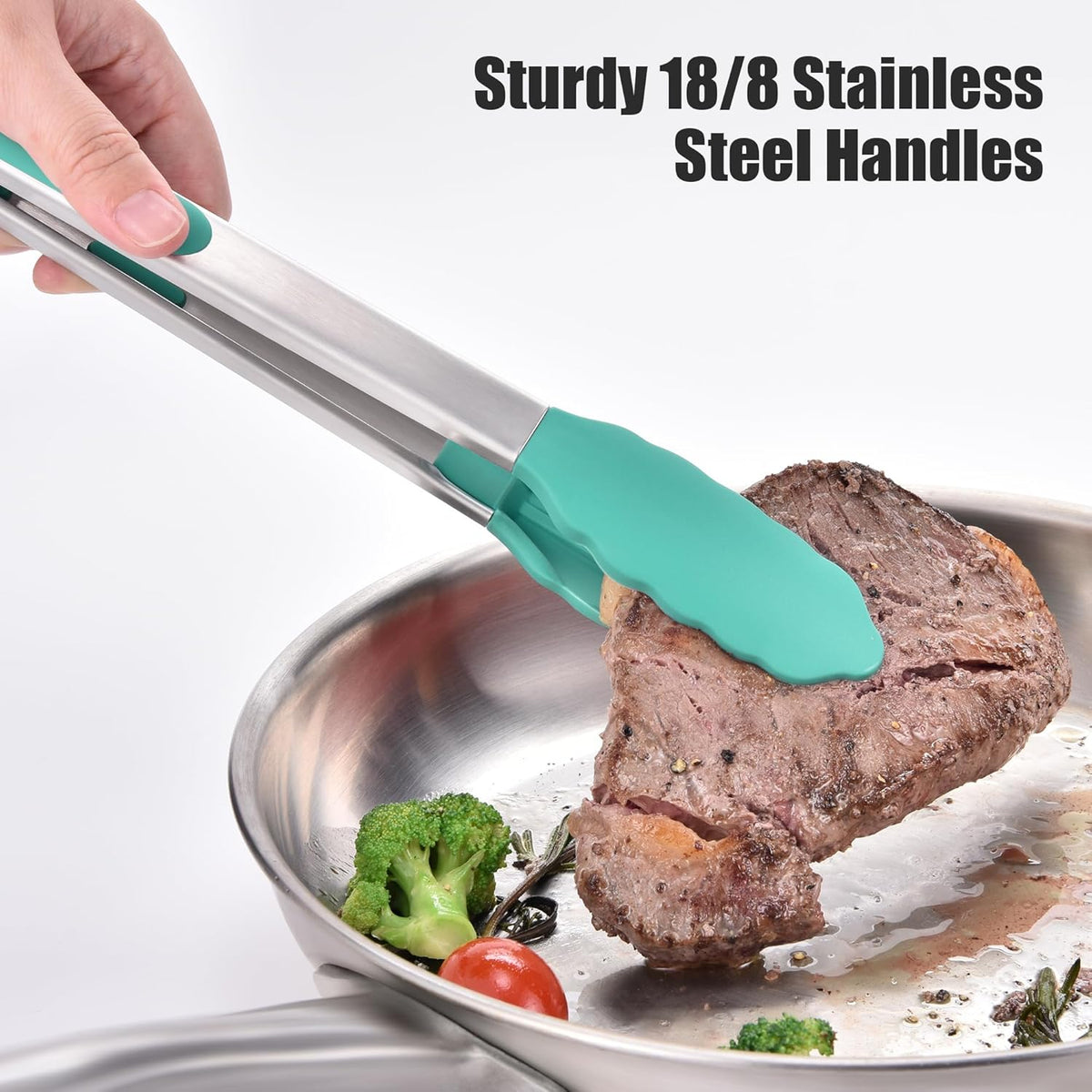 Doosu Kitchen Tongs for Cooking - 600°F Heat Resistant Food Tong with Non-Scratch Silicone Tips, Heavy Duty Stainless Steel Locking Tong for BBQ, Grilling Steak, Serving Salad, Pasta (12in, Aqua Sky)