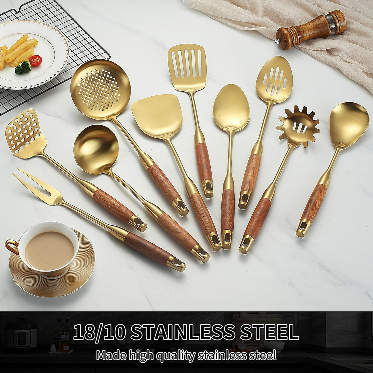 Stainless Steel Kitchen Utensils Set with Wood Handle, 18/10 Metal Cooking Utensils Set, 10-Piece - Spatula, Spoon, Ladle, Skimmer, Slotted Turners, Pasta Server, Fork, Masher(Dishwasher Safe)