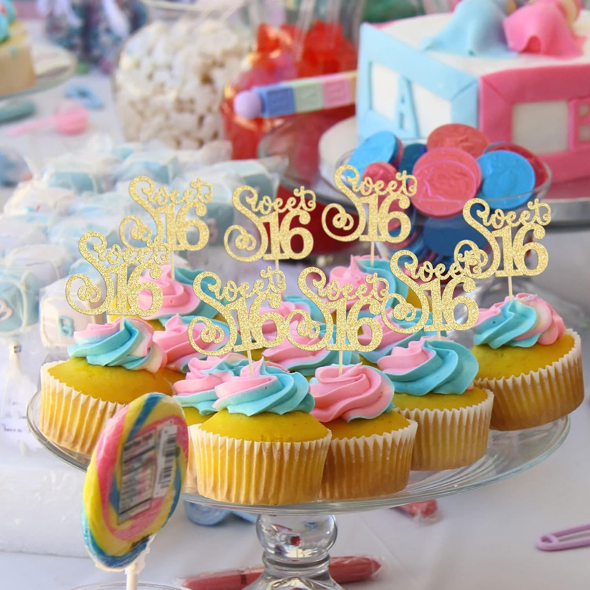 Gyufise 24 Pack Happy Sweet 16 Cupcake Toppers Glitter Sixteen 16th Birthday Cupcake Picks Cheers to 16 Years Old Cupcake Decorations for 16th Birthday Anniversary Party Cake Decorations Supplies Gold