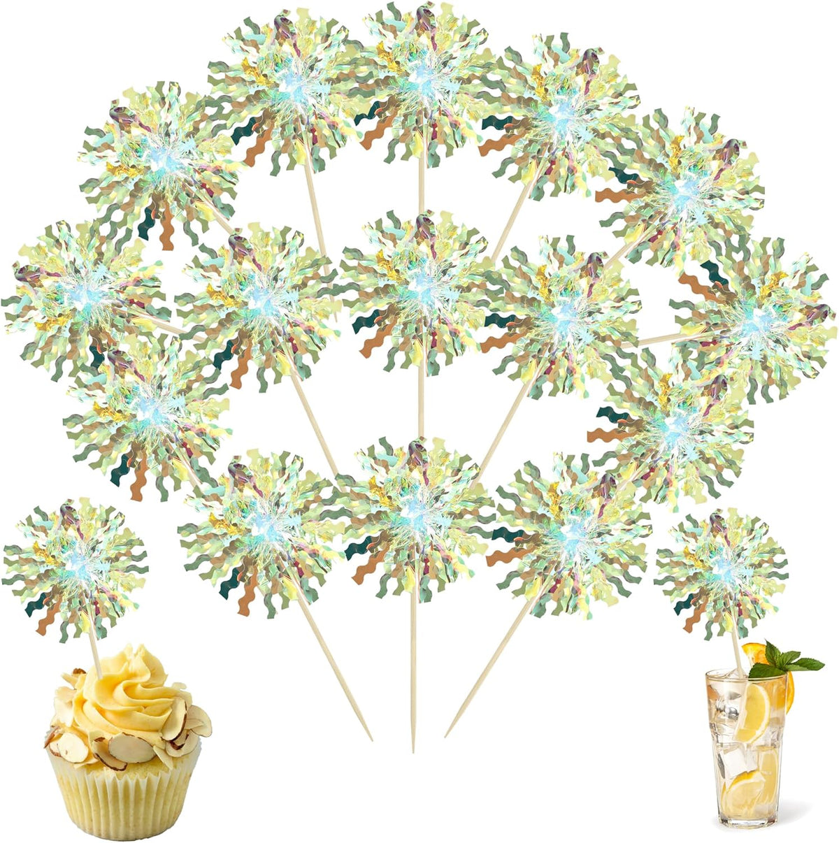 Ephlyn 30Pcs Foil Firework Cupcake Toppers Sparkle Tinsel Cupcake Picks Firework Cake Decorations Cocktail Food Fruit Toothpicks for Baby Shower Graduation Party Supplies White