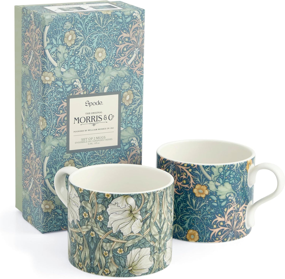 Spode Morris & Co 12oz Mug, Set of 2 - Porcelain Drinkware for Tea or Coffee, Microwave & Dishwasher Safe Cups for Kitchen Shelf Display or Home Coffee Bar Accessories (Seaweed & Pimpernel)