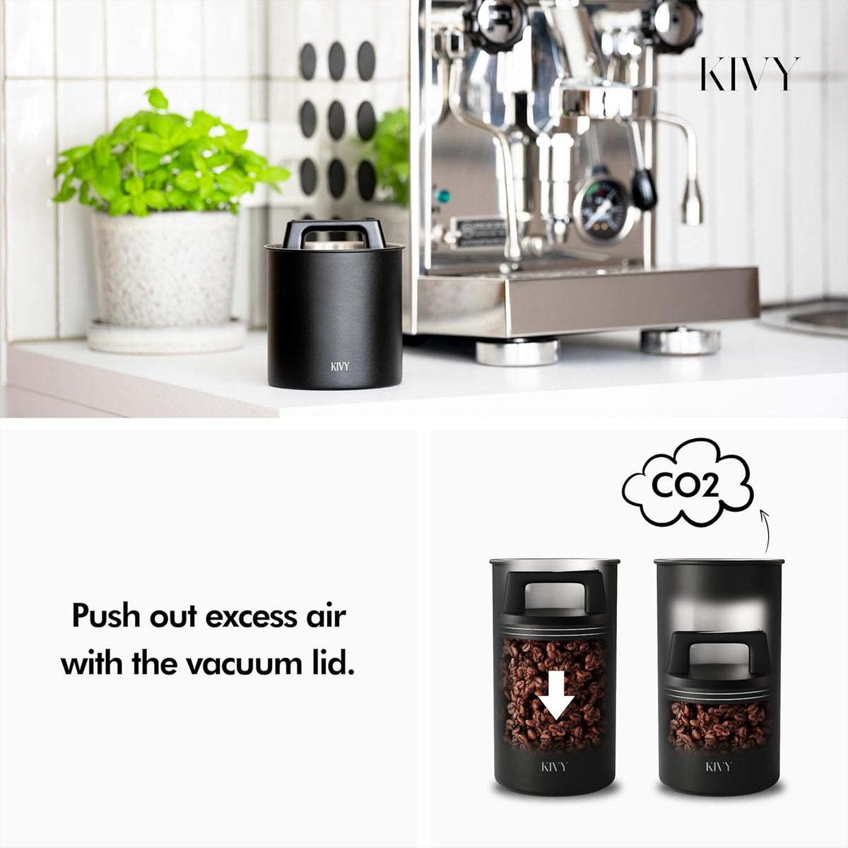 KIVY Vacuum Coffee Canister - Push Lid Preserves Coffee Aroma & Oil - Stainless Steel Airtight Coffee Canister - Coffee Container - Removes Excess Air