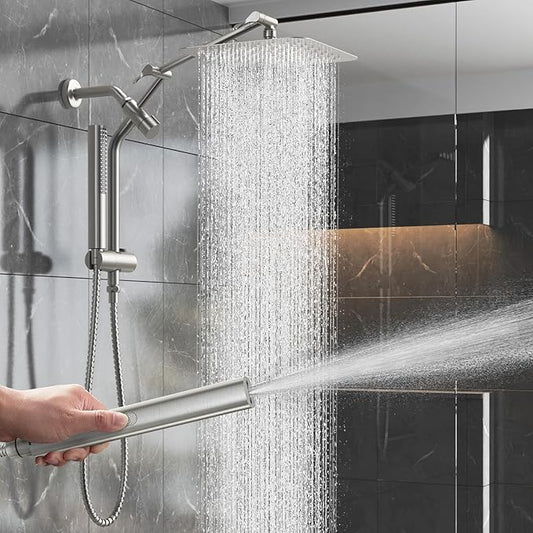 Veken 10" Luxurious Brushed Nickel All Metal Rain Shower Head with Handheld Spray Combo, High Pressure Rainfall Square Shower Heads with Extension Arm, Wide Dual Showerhead, Bathroom Accessories