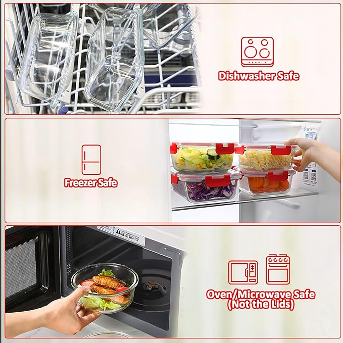 24-Piece Glass Food Storage Containers with Locking Lids,Glass Meal Prep Containers Set - Airtight Lunch Containers, Microwave, Oven, Freezer and Dishwasher, Red