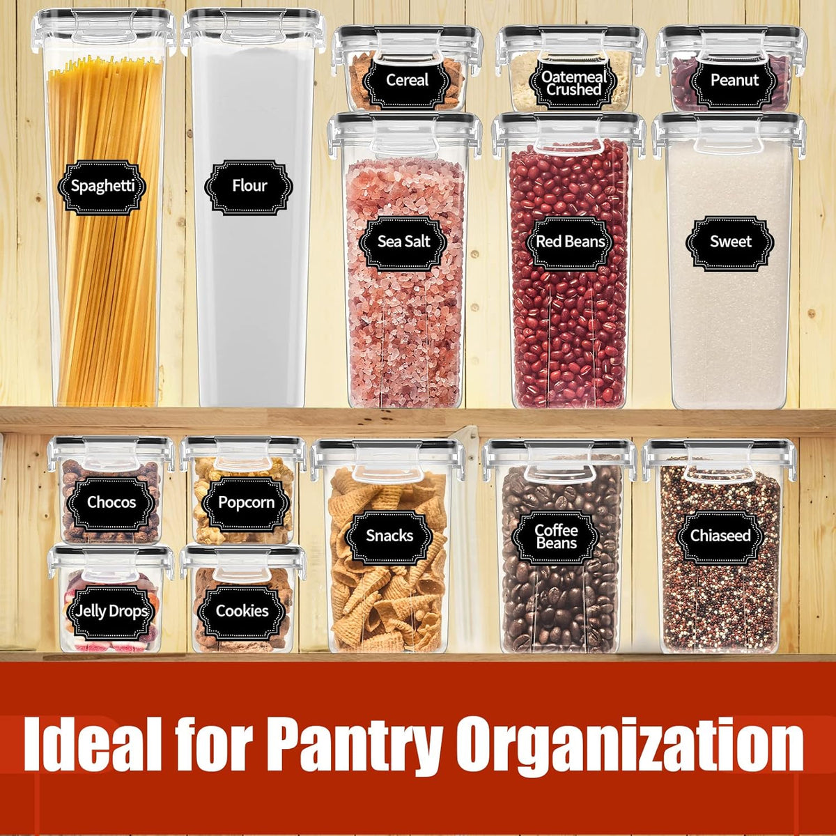PRAKI 30 Pack Airtight Food Storage Containers for Kitchen Pantry Organizers and Storage, Plastic Kitchen Storage Canisters with Lids,Cereal, Flour & Sugar Containers - Labels, 6 Spoon & Marker