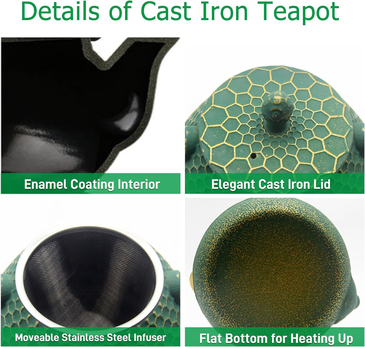 Cast Iron Tea Kettle, Japanese Tetsubin Teapot Coated with Enameled Interior, Durable Cast Iron Teapot with Stainless Steel Infuser for Stovetop Safe(1000ml/34oz)