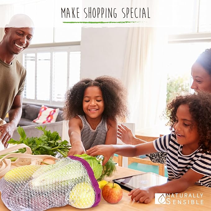 The Original Eco Friendly See Through Washable and Reusable Produce Bags - Soft Premium Lightweight Nylon Mesh Large - 12x14in - Set of 5 (Red, Yellow, Green, Blue, Purple)
