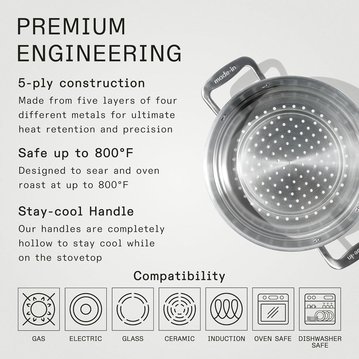 Made In Cookware - 10" Stainless Steel Steamer Insert - Pot Strainer - 8 Quart Compatible