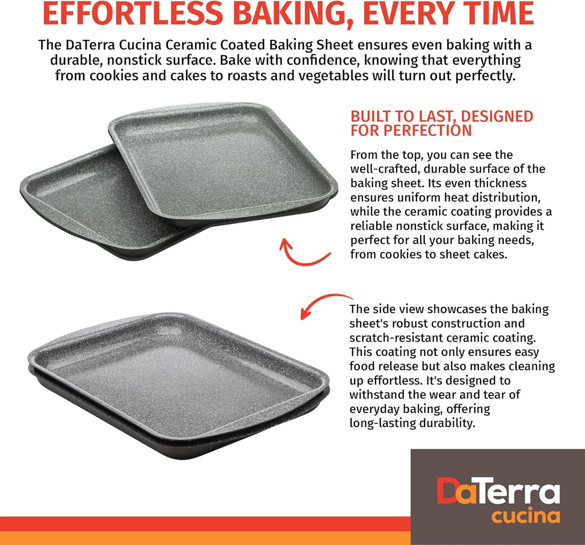 DaTerra Cucina - Nonstick Ceramic Coated Baking Sheet Twin Pack – 16" x 11" x 1" Professional Grade, PTFE, Cadmium, Lead & PFOA Free, Oven Safe, Ideal for Baking, Roasting & Cooking