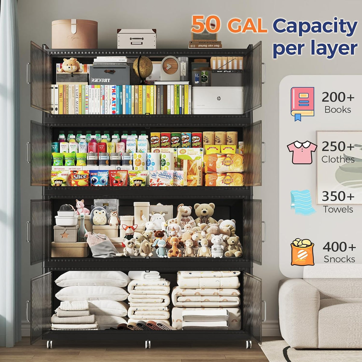 200GAL Extra Large Storage Bins with Lid, 800QT Plastic Stackable Storage Bins with 6x Wheels, Collapsible Closet Organizer and Storage Drawer Cabinet for Living Room Office Dorm, 4Pack Black