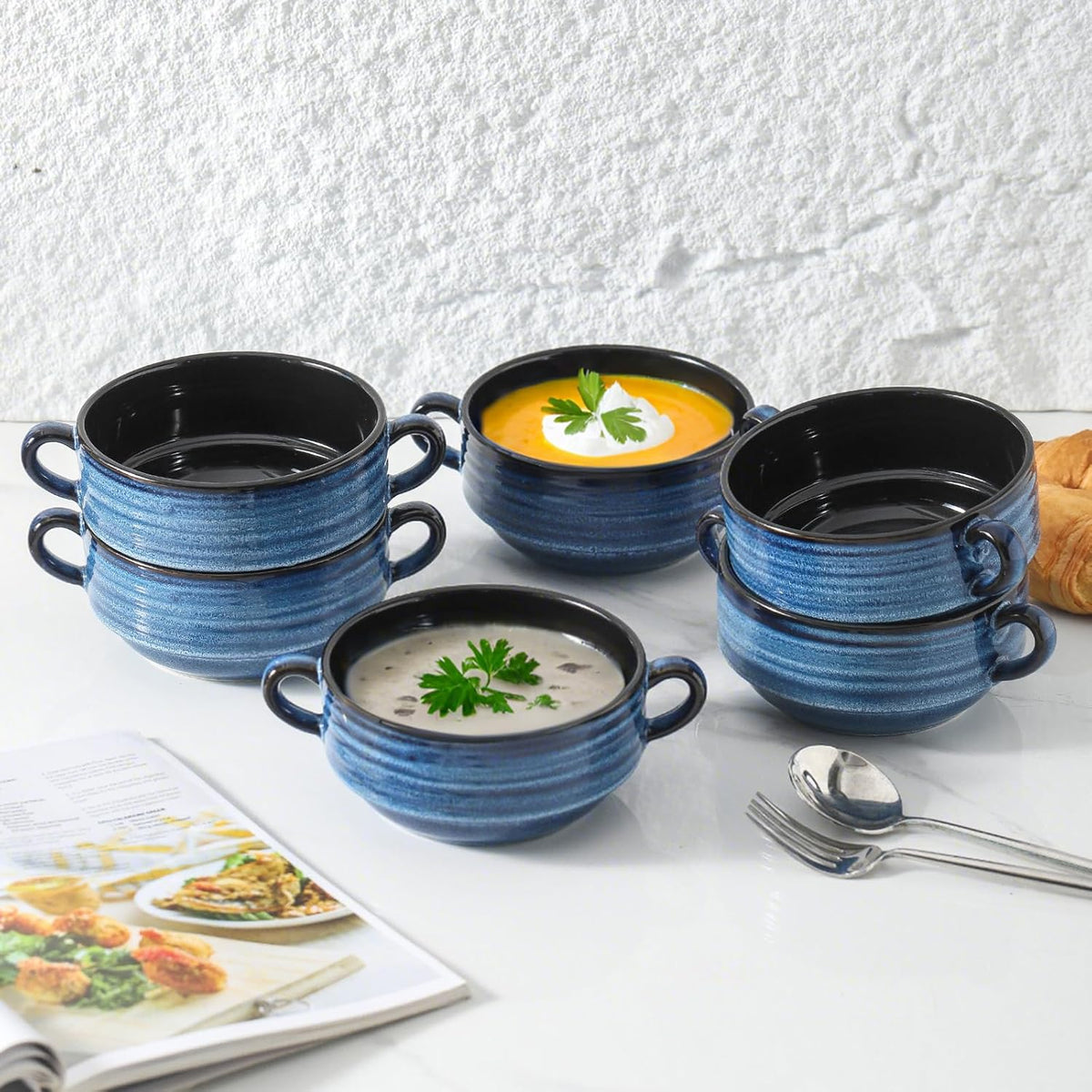Hasense Soup Bowls, 20 oz French Onion Soup Bowls with Handle Set of 6, Serving Soup Crock for Stew, Pasta, Chili, Stackable Oven Safe Bowls, Microwave Dishwasher Safe, Blue