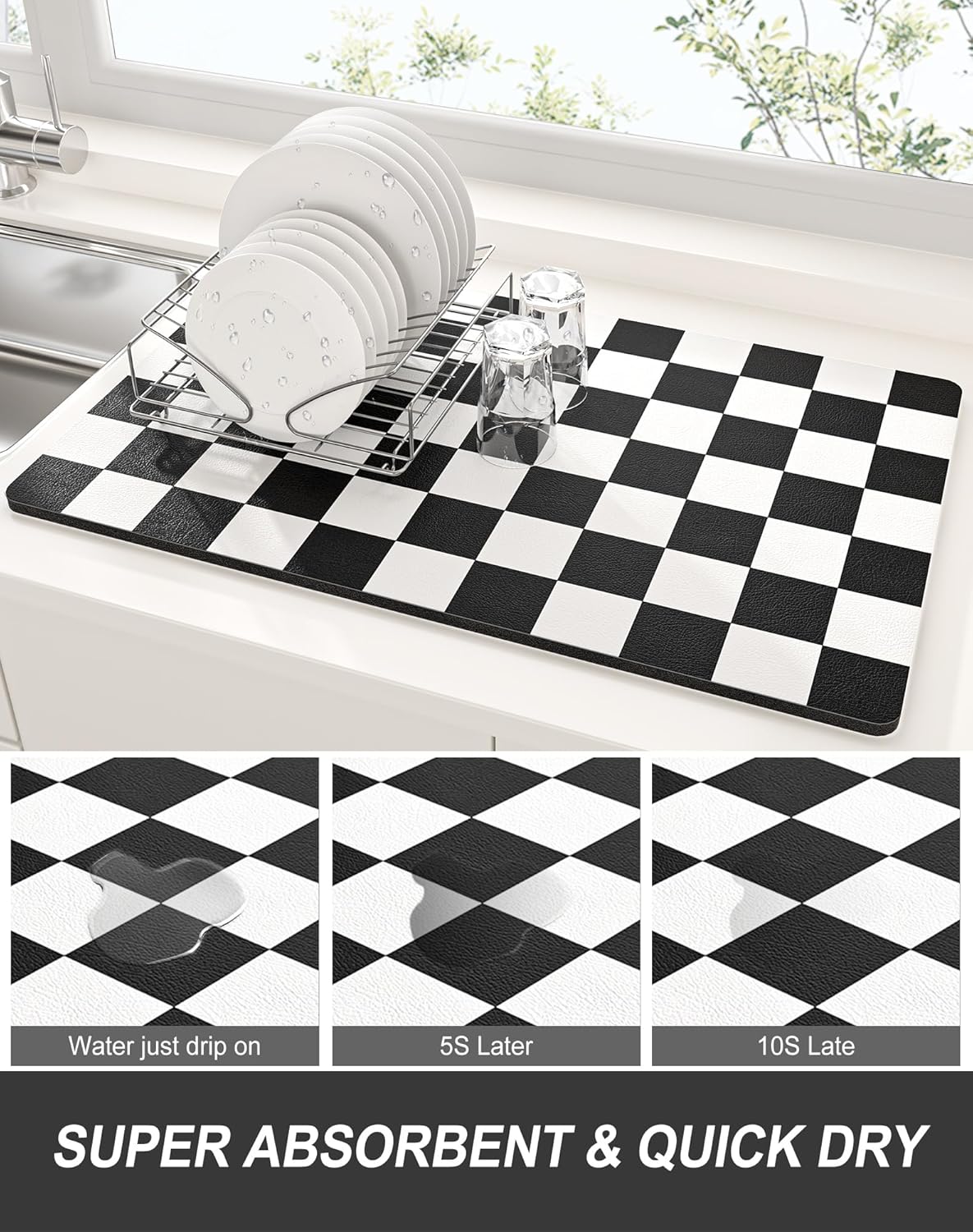 Rnivvi Dish Drying Mat for Kitchen Counter, XL 15 x 24" Cute Checkered Absorbent Draining Pad, Non-Slip Heat Resistant Coffee Bar Mat for Coffee Machine Station Accessories, Black White Dish Rack Pad