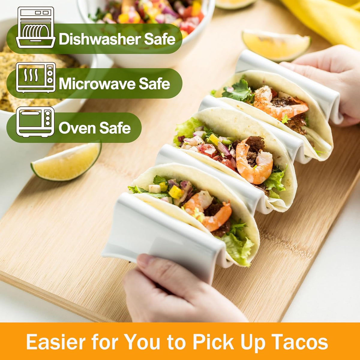 Taco Holders Set of 2, Porcelain Large Taco Tray with Handles, Reusable and Stackable Taco Plates, Perfect for Burritos and Tortillas Holder Handles, Oven & Microwave Safe