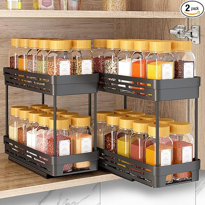 2 Pack Pull Out Spice Rack Organizer for Cabinet, Slide Out Spice Racks Organizer, Spice Cabinet Organizers, Cabinet Size Need:12'' Highx11'' Deepx5'' Wide,Hold 10 Spice Jar Each Tier-2Tier, Black