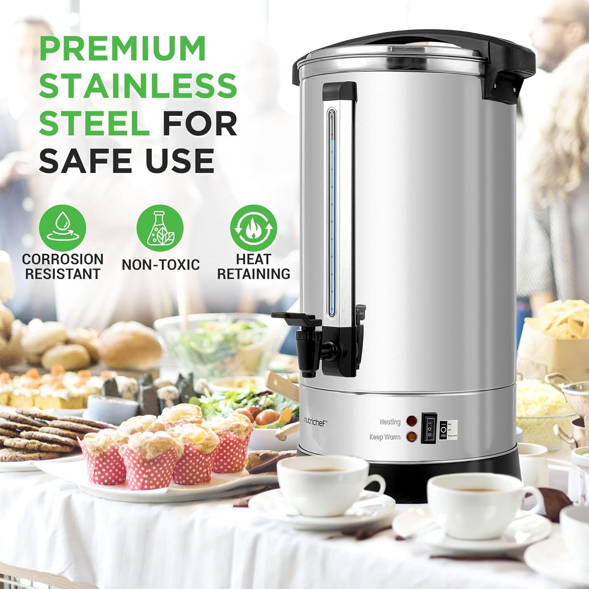 NutriChef Water Boiler and Hot Water Dispenser, 19L Electric Beverage Dispenser with Safety Lock Lid, Non-Drip Tap, Warm Function, Food Grade Stainless Steel, Home & Commercial Use, 19"x9"x9", Silver