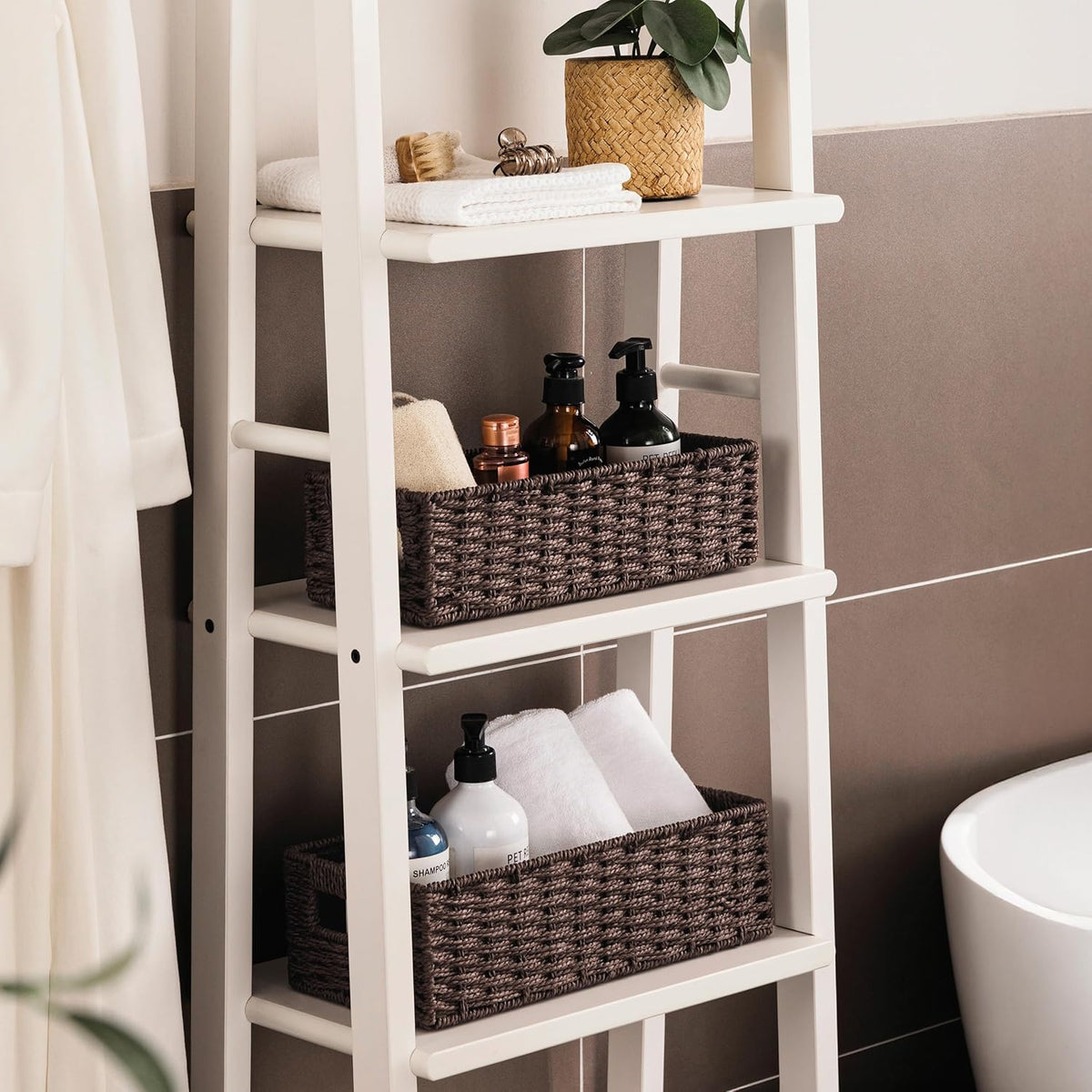 UBBCARE Toilet Tank Basket for Bathroom, Hand Woven Paper Wicker Basket for Organizing, Countertop Decorative Storage Basket with Handles, 2-Pack, Dark Brown
