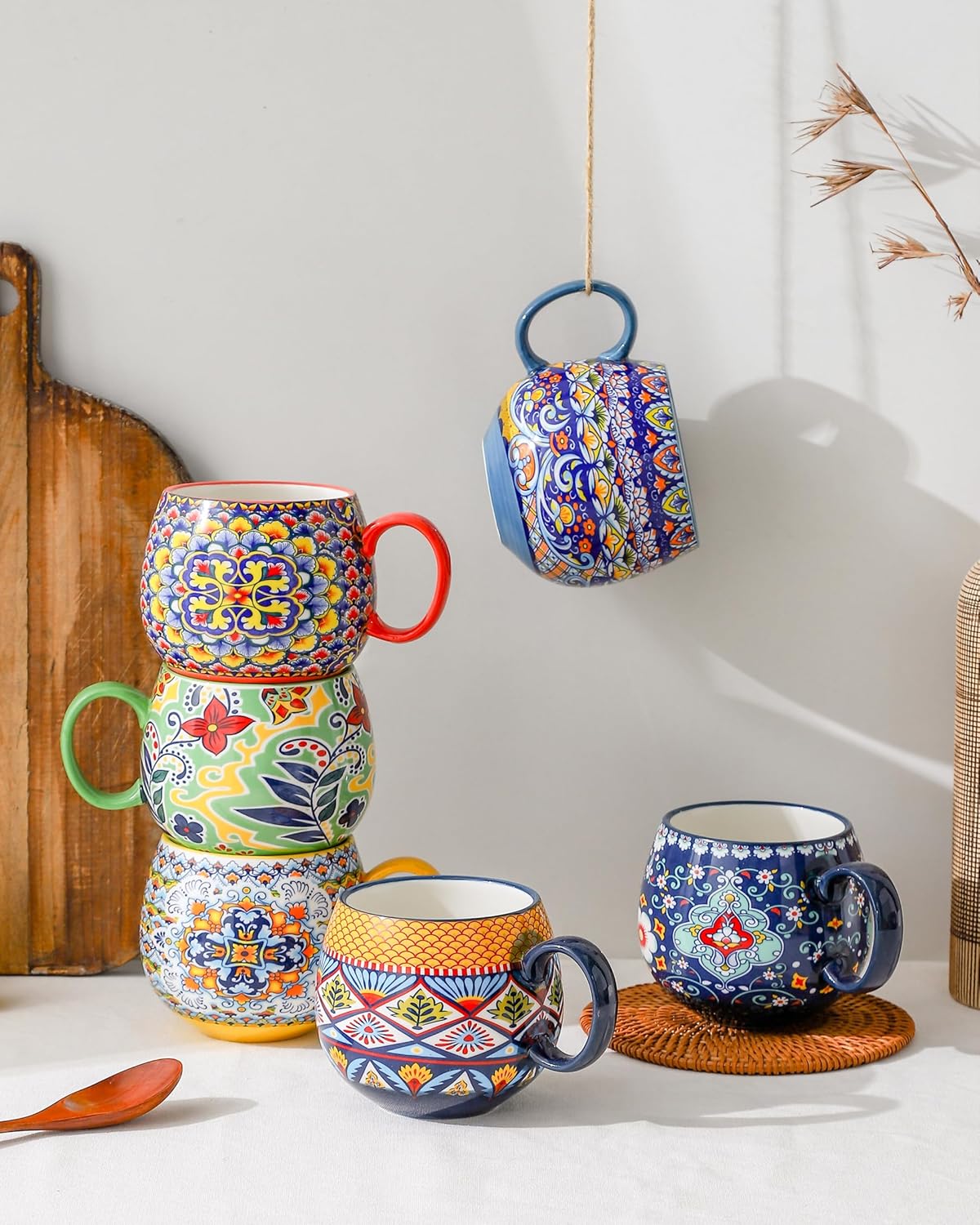 HENXFEN LEAD Boho Coffee Mugs 20 Ounce - Porcelain Cups for Latte, Tea, Cappuccino, Cocoa, Soup, Dishwasher, Microwave Safe, Christmas Gift Set of 6 - Bohemian Style