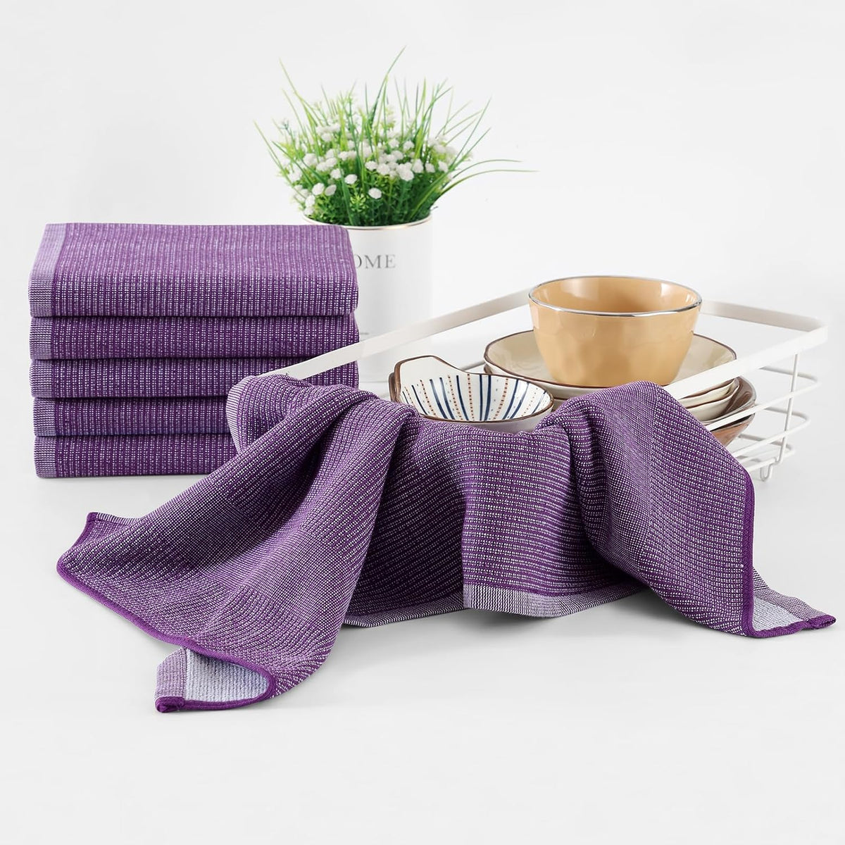 Homaxy Premium Kitchen Towels(18”x 28”, 8 Pack), Large Cotton Kitchen Hand Towels, Flat and Terry Dish Towels, 380 GSM Highly Absorbent Tea Towel Set with Hanging Loop, Purple
