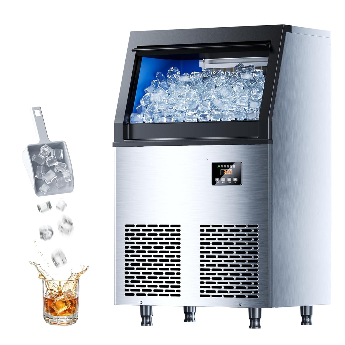 Commercial Ice Maker Machine, 100lbs/24H Ice Machine, 34lbs Storage, 45 Ice Cubes Ready in 6-15 Minutes, Freestanding Ice Maker for Bar, Home, Office, Restaurant